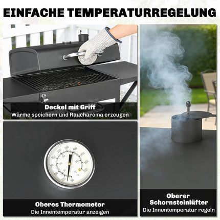 Holzkohlegrillwagen mit Seitenablagen und Thermometer