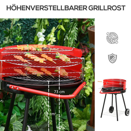 Rot-metallener Holzkohlegrill auf Rädern, 51x70x75,5cm
