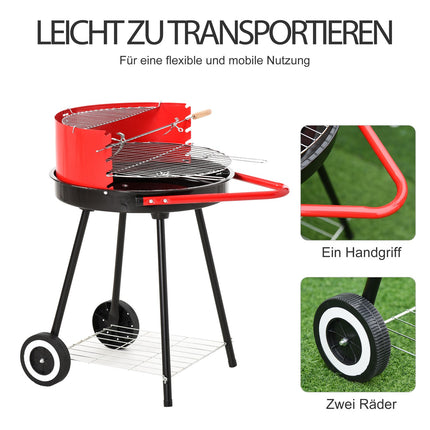 Rot-metallener Holzkohlegrill auf Rädern, 51x70x75,5cm