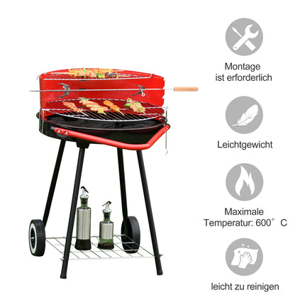 Rot-metallener Holzkohlegrill auf Rädern, 51x70x75,5cm