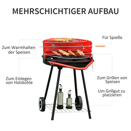 Rot-metallener Holzkohlegrill auf Rädern, 51x70x75,5cm