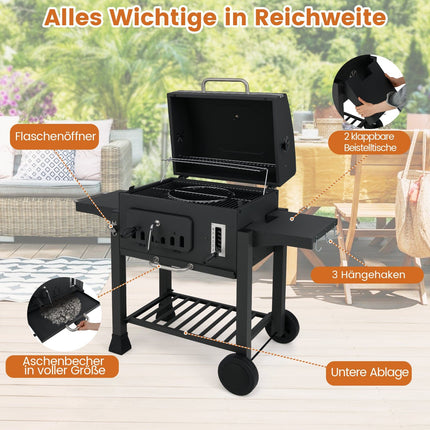 Charcoal Grill with Folding Side Tables, Adjustable Heights