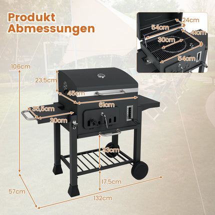 Charcoal Grill with Folding Side Tables, Adjustable Heights
