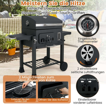 Charcoal Grill with Folding Side Tables, Adjustable Heights