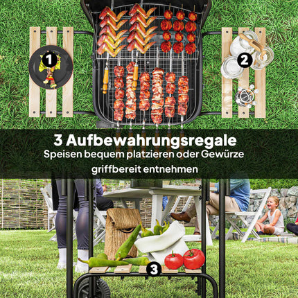 Holzkohlegrill mit abschließbarem Deckel, Stahlrahmen, 1840 cm² Grillfläche