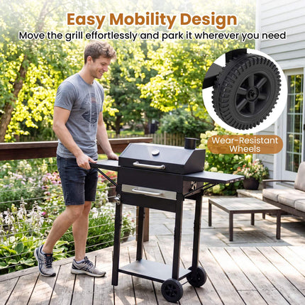 Charcoal Grill with Thermometer, Side Tables & Wheels