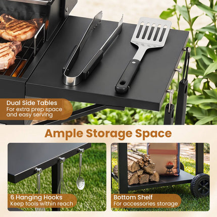 Charcoal Grill with Thermometer, Side Tables & Wheels