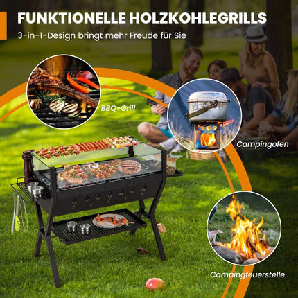 Holzkohlegrill mit Windschutz, Gewürzablagen & Edelstahlrosten