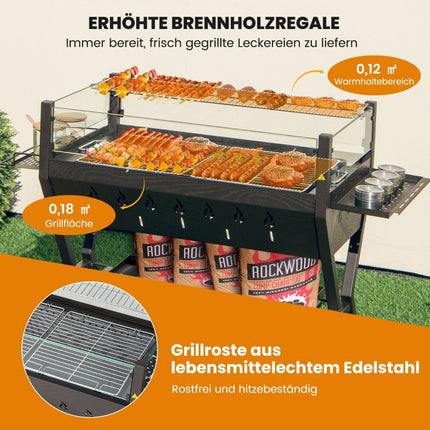 Holzkohlegrill mit Windschutz, Gewürzablagen & Edelstahlrosten