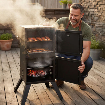 Charcoal Smoker for Meat & Fish, Steel, Black