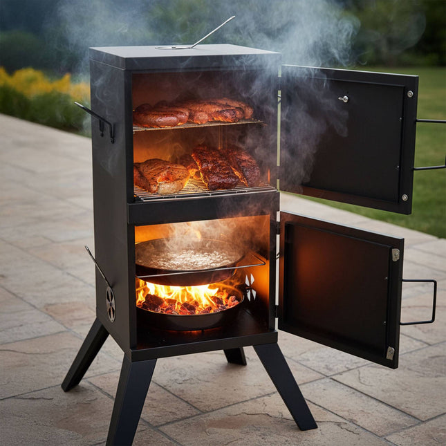 Holzkohle-Smoker für Fleisch & Fisch, Stahl, Schwarz