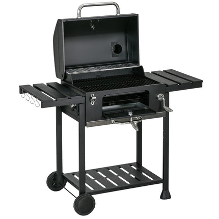 Barbecue de camping au charbon de bois avec deux grilles, tablette latérale rabattable, chariot avec étagère et poignée, acier inoxydable, noir