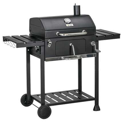 Barbecue de camping au charbon de bois avec deux grilles, tablette latérale rabattable, chariot avec étagère et poignée, acier inoxydable, noir