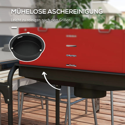 Mobiler Holzkohlegrill aus Metall mit Rädern und Holzablage