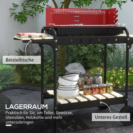 Mobiler Holzkohlegrill aus Metall mit Rädern und Holzablage