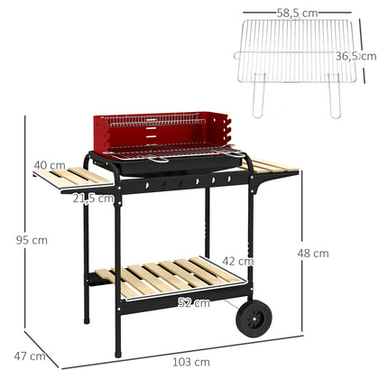 Mobiler Holzkohlegrill aus Metall mit Rädern und Holzablage