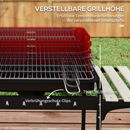 Mobiler Holzkohlegrill aus Metall mit Rädern und Holzablage