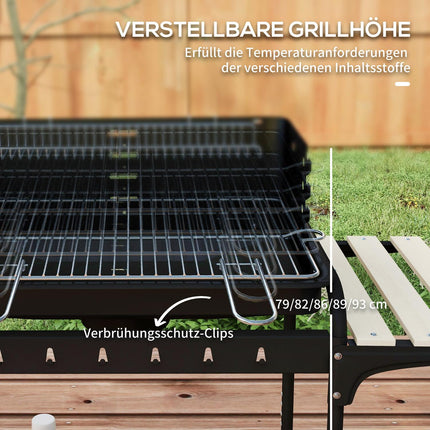 Barbecue à charbon de bois en métal BBQ fumoir avec roulettes, grille de cuisson réglable en hauteur, étagère en bois, chariot de barbecue mobile barbecue à charbon de bois, barbecue à charbon de bois pour barbecue camping, terrasse, 103x47x95 cm Aosom