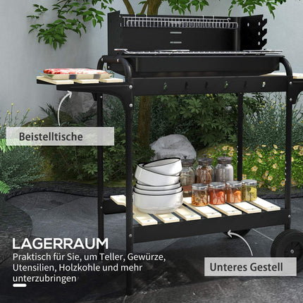 Barbecue à charbon de bois en métal BBQ fumoir avec roulettes, grille de cuisson réglable en hauteur, étagère en bois, chariot de barbecue mobile barbecue à charbon de bois, barbecue à charbon de bois pour barbecue camping, terrasse, 103x47x95 cm Aosom