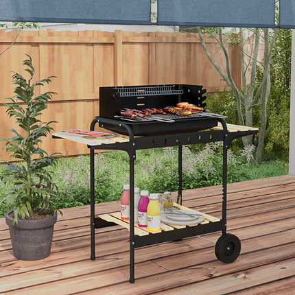 Barbecue à charbon de bois en métal BBQ fumoir avec roulettes, grille de cuisson réglable en hauteur, étagère en bois, chariot de barbecue mobile barbecue à charbon de bois, barbecue à charbon de bois pour barbecue camping, terrasse, 103x47x95 cm Aosom