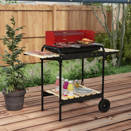 Mobiler Holzkohlegrill aus Metall mit Rädern und Holzablage