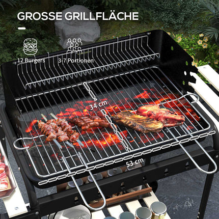 Barbecue à charbon de bois en métal BBQ fumoir avec roulettes, grille de cuisson réglable en hauteur, étagère en bois, chariot de barbecue mobile barbecue à charbon de bois, barbecue à charbon de bois pour barbecue camping, terrasse, 103x47x95 cm Aosom