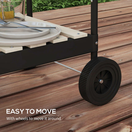 Mobiler Holzkohlegrill aus Metall mit Rädern und Holzablage