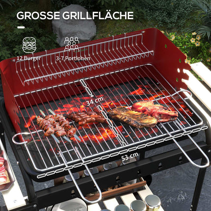 Mobiler Holzkohlegrill aus Metall mit Rädern und Holzablage