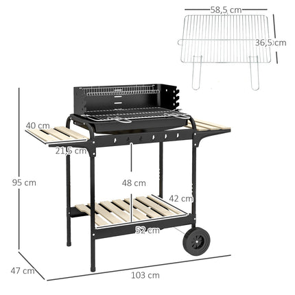 Barbecue à charbon de bois en métal BBQ fumoir avec roulettes, grille de cuisson réglable en hauteur, étagère en bois, chariot de barbecue mobile barbecue à charbon de bois, barbecue à charbon de bois pour barbecue camping, terrasse, 103x47x95 cm Aosom