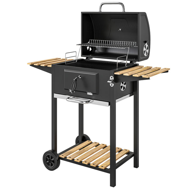 Edelstahl-Holzkohlegrillwagen mit Thermometer und Ablagen