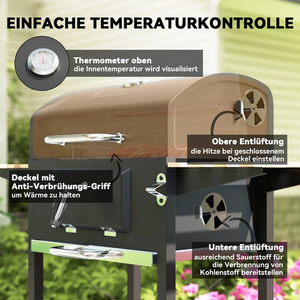 Edelstahl-Holzkohlegrillwagen mit Thermometer und Ablagen