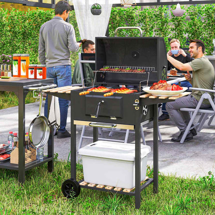 Edelstahl-Holzkohlegrillwagen mit Thermometer und Ablagen