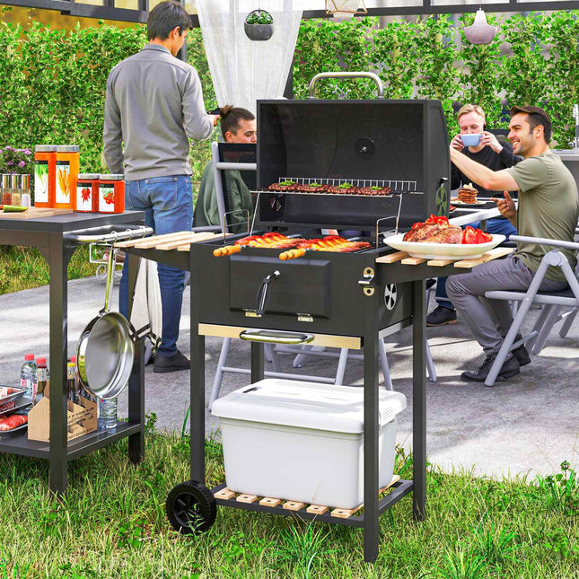 Edelstahl-Holzkohlegrillwagen mit Thermometer und Ablagen