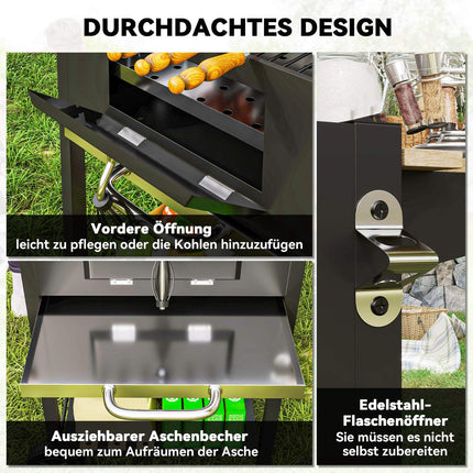 Edelstahl-Holzkohlegrillwagen mit Thermometer und Ablagen