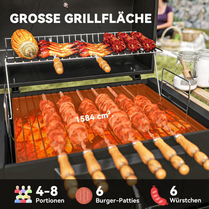 Edelstahl-Holzkohlegrillwagen mit Thermometer und Ablagen