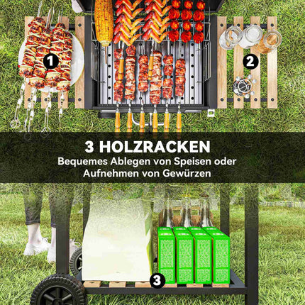 Edelstahl-Holzkohlegrillwagen mit Thermometer und Ablagen