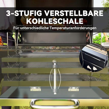 Edelstahl-Holzkohlegrillwagen mit Thermometer und Ablagen