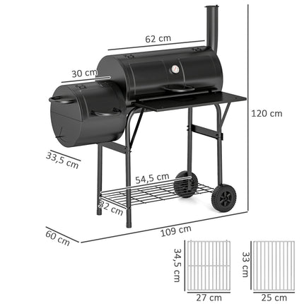 Stahl-Holzkohlegrill mit Thermometer und Rädern, 109x60x120 cm