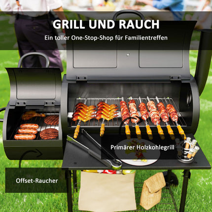 Stahl-Holzkohlegrill mit Thermometer und Rädern, 109x60x120 cm