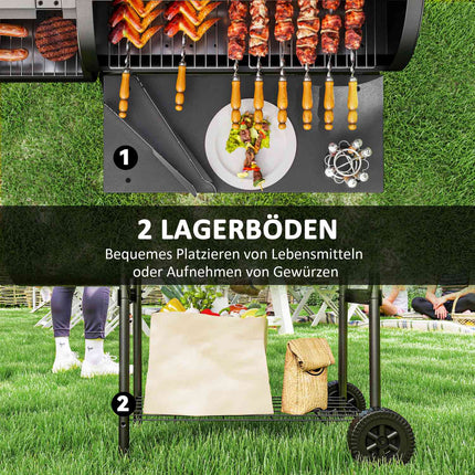 Stahl-Holzkohlegrill mit Thermometer und Rädern, 109x60x120 cm