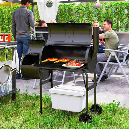 Stahl-Holzkohlegrill mit Thermometer und Rädern, 109x60x120 cm