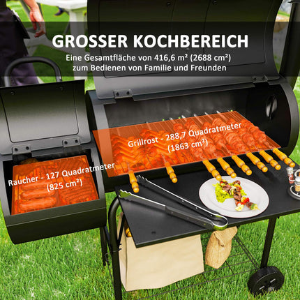 Stahl-Holzkohlegrill mit Thermometer und Rädern, 109x60x120 cm