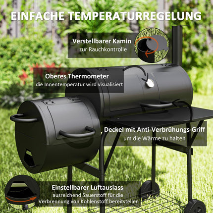 Stahl-Holzkohlegrill mit Thermometer und Rädern, 109x60x120 cm
