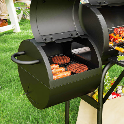 Stahl-Holzkohlegrill mit Thermometer und Rädern, 109x60x120 cm