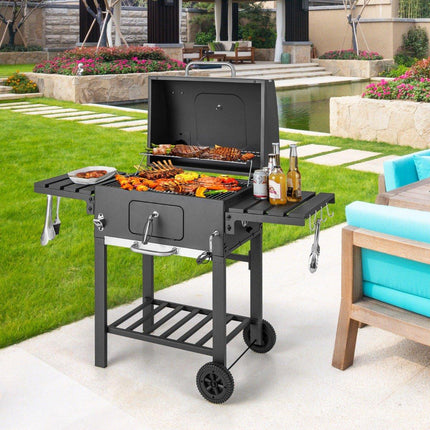 Charcoal grill with lid & 2 folding side tables & 8 hooks & thermometer & bottle opener