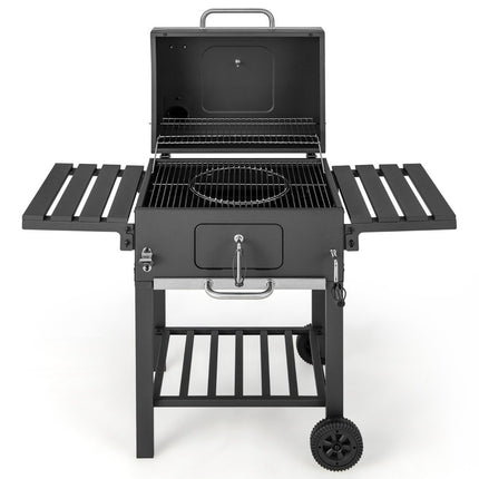 Charcoal grill with lid & 2 folding side tables & 8 hooks & thermometer & bottle opener