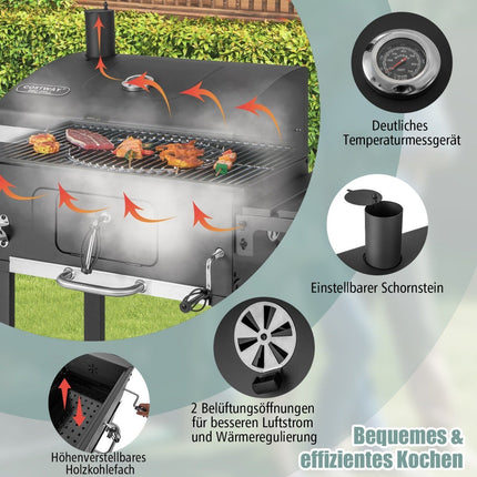 Charcoal grill with lid & 2 folding side tables & 8 hooks & thermometer & bottle opener