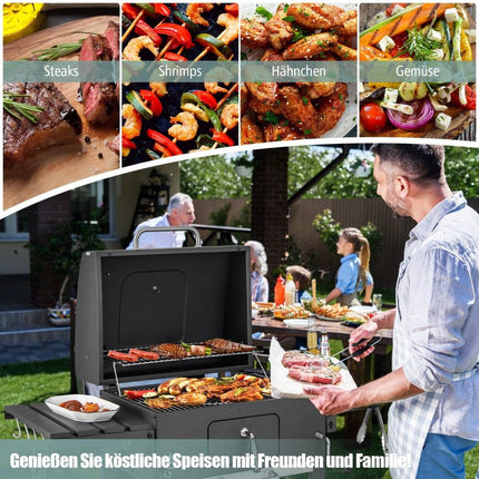 Charcoal grill with lid & 2 folding side tables & 8 hooks & thermometer & bottle opener