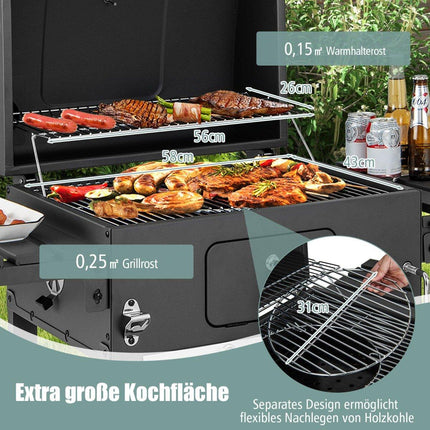 Charcoal grill with lid & 2 folding side tables & 8 hooks & thermometer & bottle opener