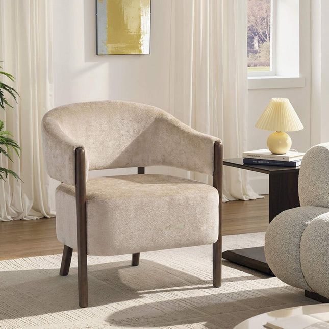 Chenille-Sessel mit Massivholzrahmen, Beige